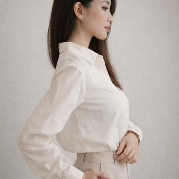 Liz Claiborne | Vintage 80's Ivory Floral Motif Long Sleeve Blose - Picture 3 of 9